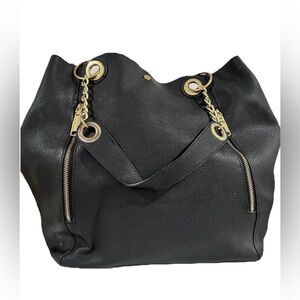 Steve Madden Black Leather Shoulder Tote with Gold Accents